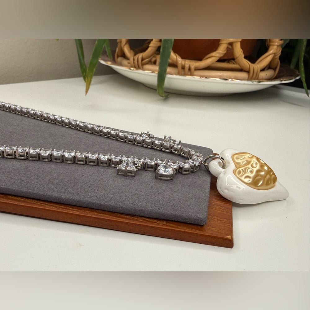 Julietta Dangly Heart Tennis Necklace Crystal Statement Pendant $295 Retail - Picture 4 of 8